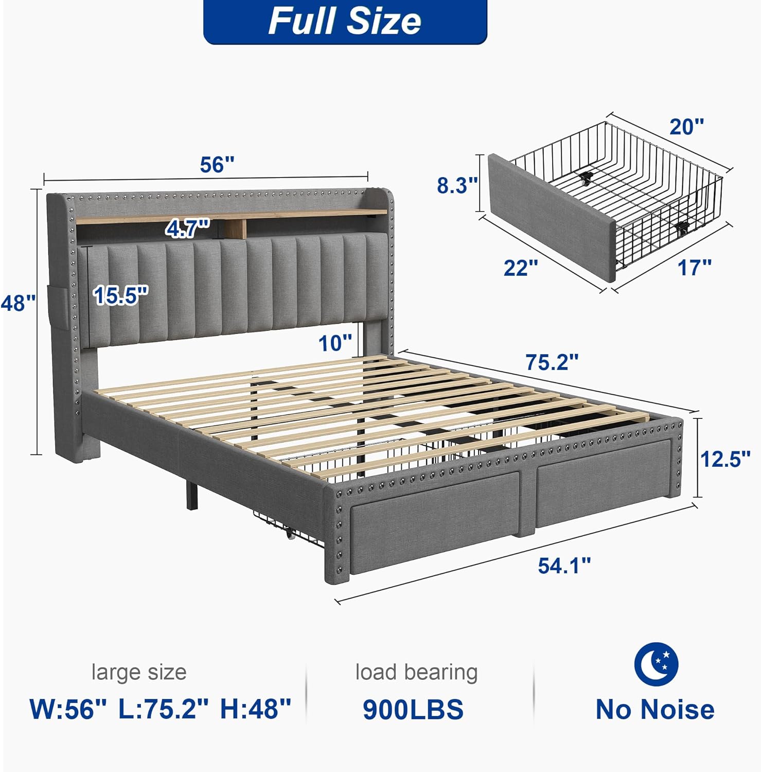 Metal Bed Frame with 2 Storage Drawers & Headboard - 900LBS Capacity, No Noise Design, Padded Platform, No Box Spring Needed, Back to School Beds On Sale