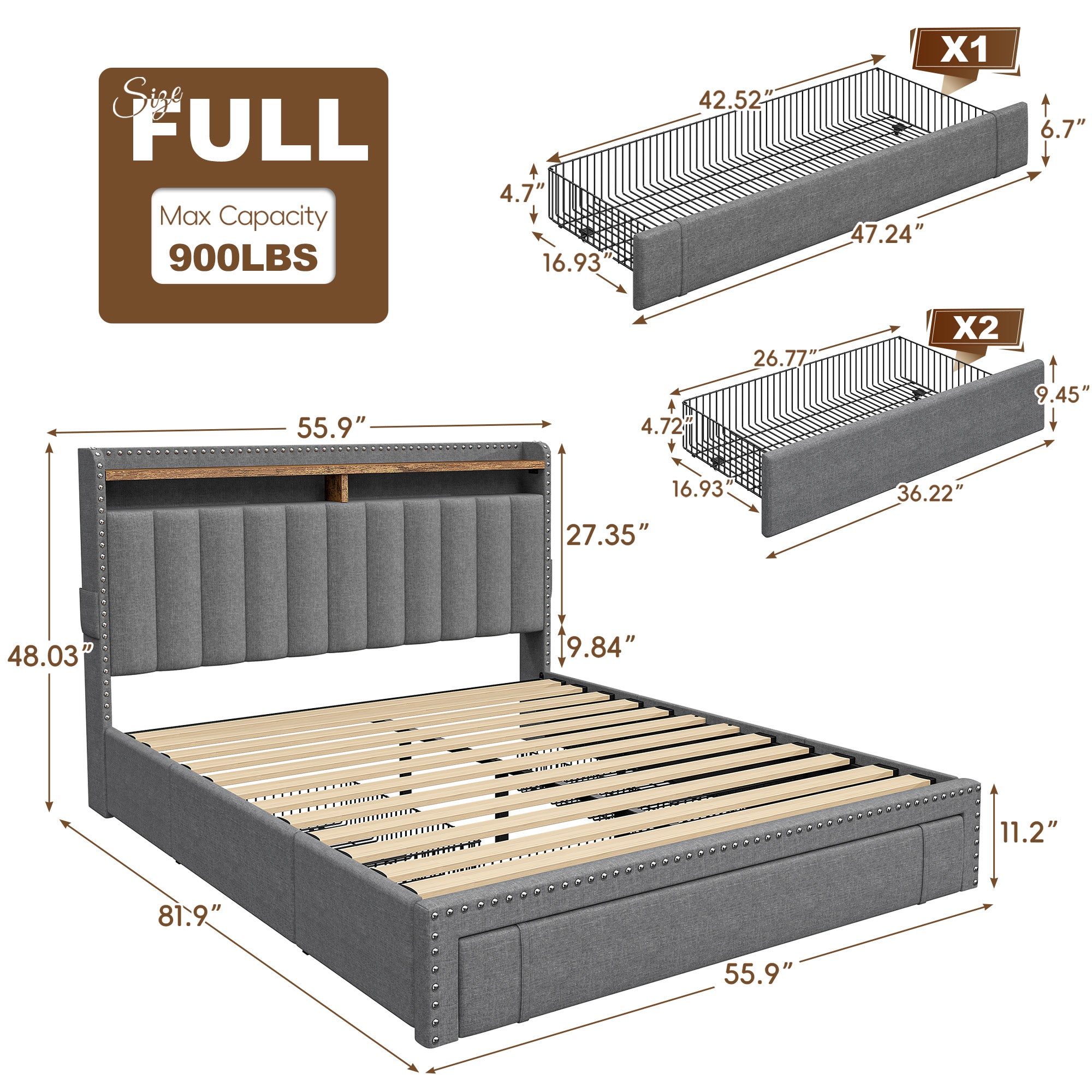 Snhomee Heavy Duty Platform Bed Frame with Storage Drawers - Silent 1200LB Capacity, No Box Spring Needed, Upholstered Headboard