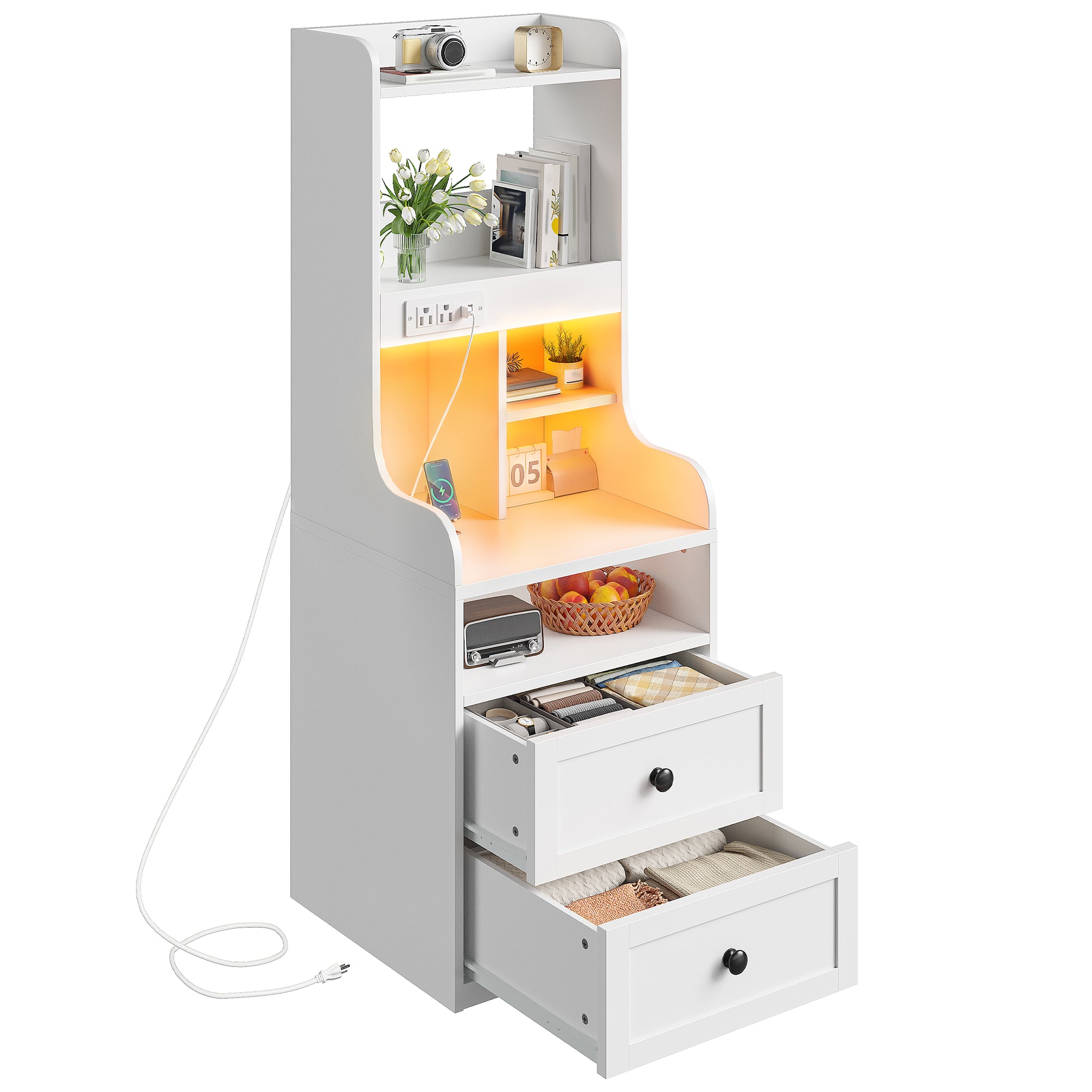 Tall White LED Nightstand with USB Charging Station & Outlets | 2 Drawers & Open Shelves Farmhouse Style Bedside Table | Wood & Metal Frame-White-snhomee