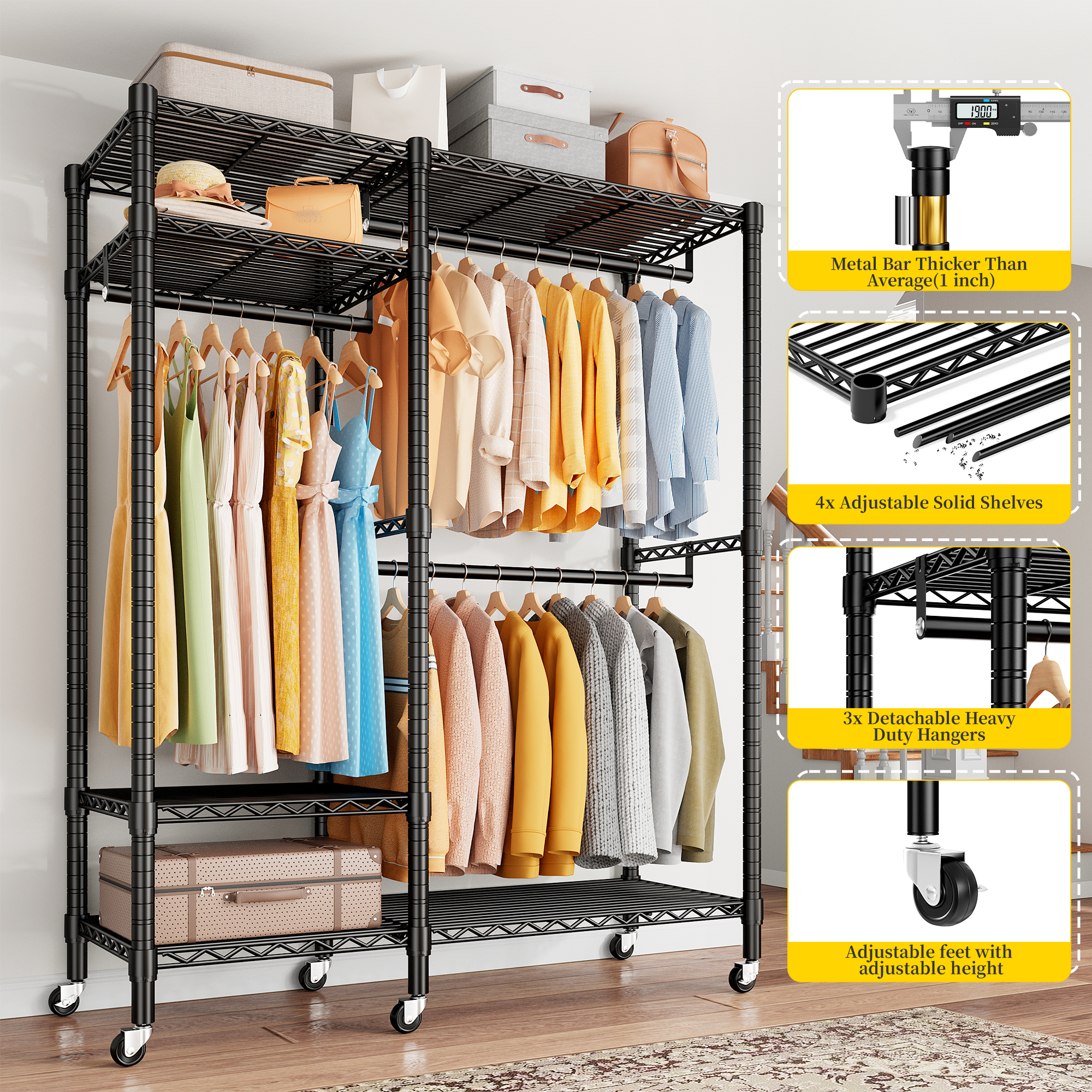Snhomee 780lbs Heavy Duty Clothes Rack with Wheels, Freestanding Portable Closet, Rolling Garment Rack For Hanging-Home Storage > Clothes Rack-wheels-Black-snhomee