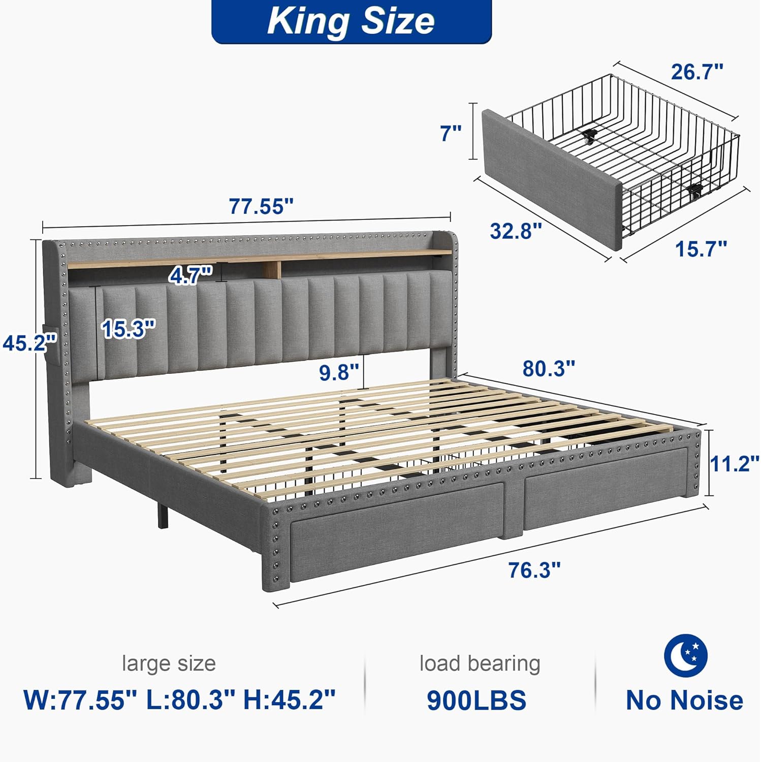 Metal Bed Frame with 2 Storage Drawers & Headboard - 900LBS Capacity, No Noise Design, Padded Platform, No Box Spring Needed, Back to School Beds On Sale