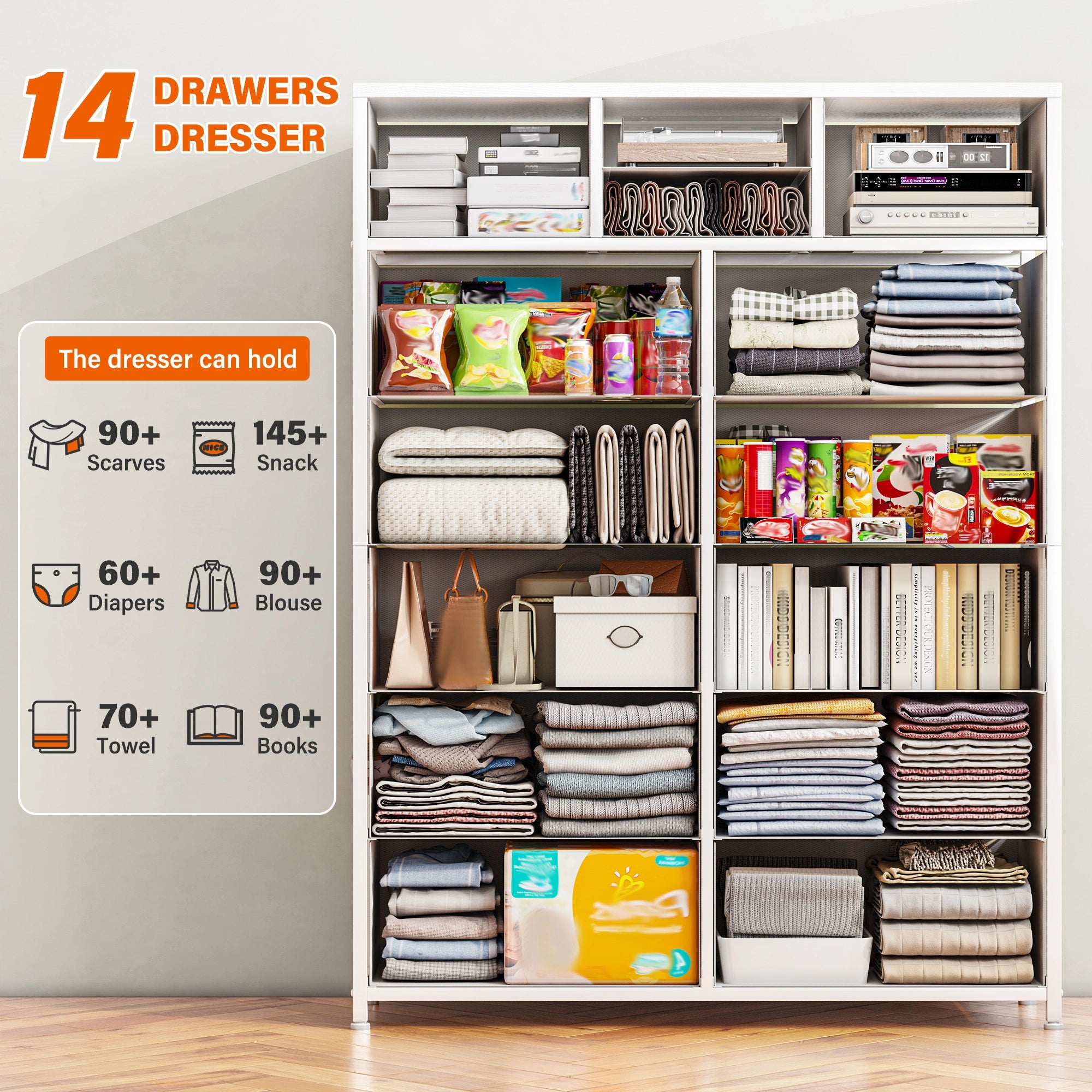 Snhomee Dresser for Bedroom with 14 Drawers, Tall Dressers for Bedroom,  Sturdy Metal Frame & Wood, Top Large Fabric Chest of Drawers, Closet, Livingroom