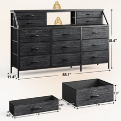 Girls Dresser Organizer: 55"W Dresser with 13 Fabric Drawers and 2 Open Shelves, Metal Frame & Wooden Top for Bedroom/Closet