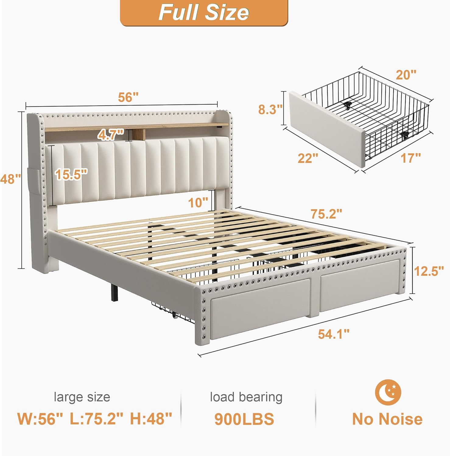 Metal Bed Frame with 2 Storage Drawers & Headboard - 900LBS Capacity, No Noise Design, Padded Platform, No Box Spring Needed, Back to School Beds On Sale