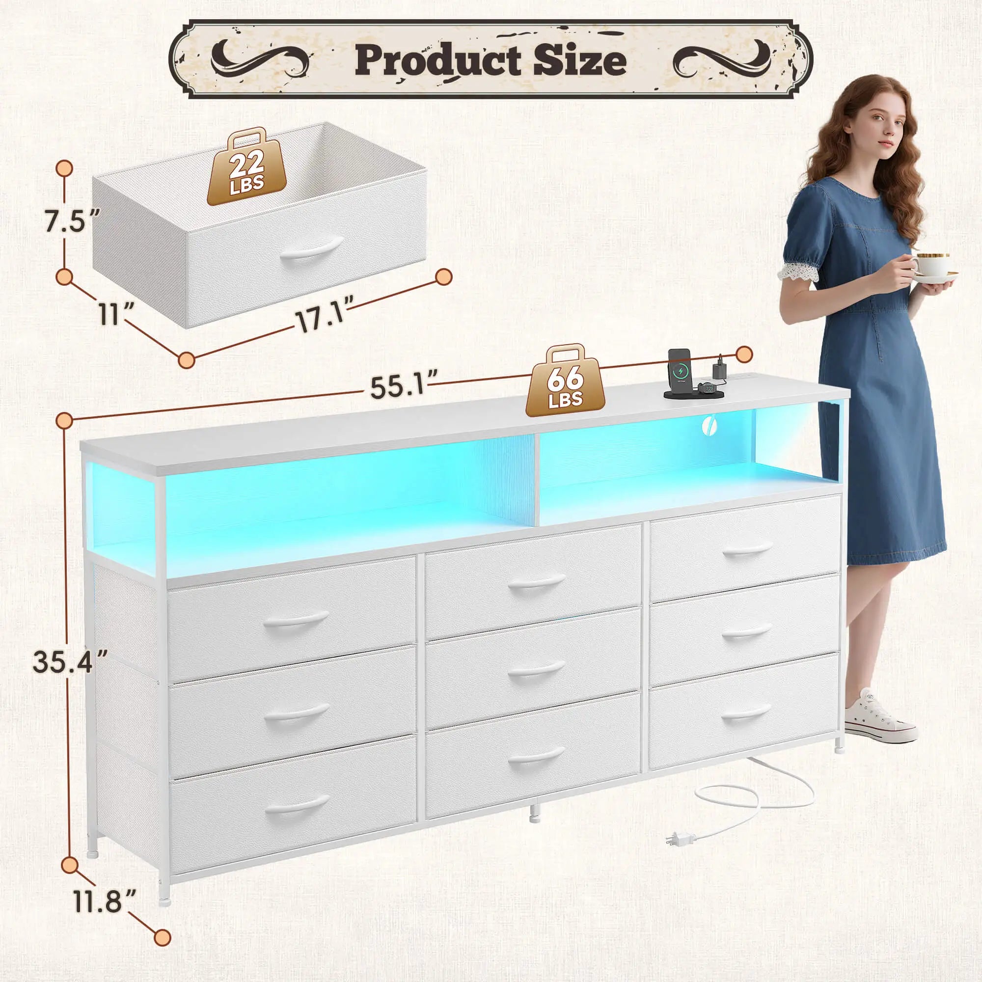 Snhomee Dresser TV Stand with 9 Drawers & Charging Station– 55" Wide Media Console LED lights & Wood Shelves for Bedroom, Living Room, or Dorm