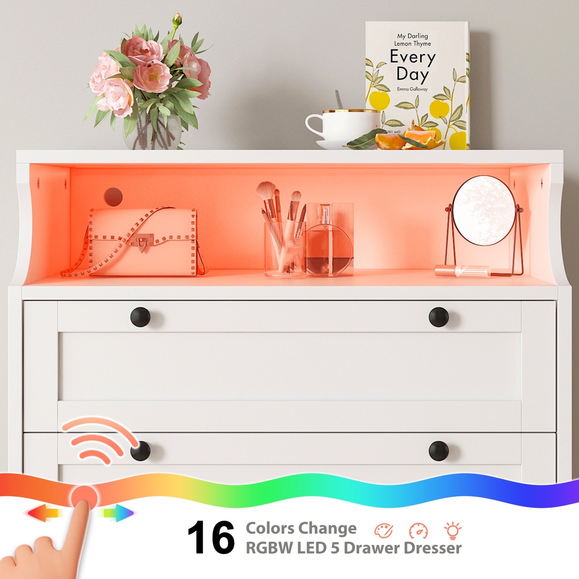 colorful dresser Snhomee 5-Drawer Tall Dresser with LED Lights & Shelves – Modern Storage Cabinet for Bedroom, Living Room & Entryway 31.3" W x 48.5" H x 15.7" D /