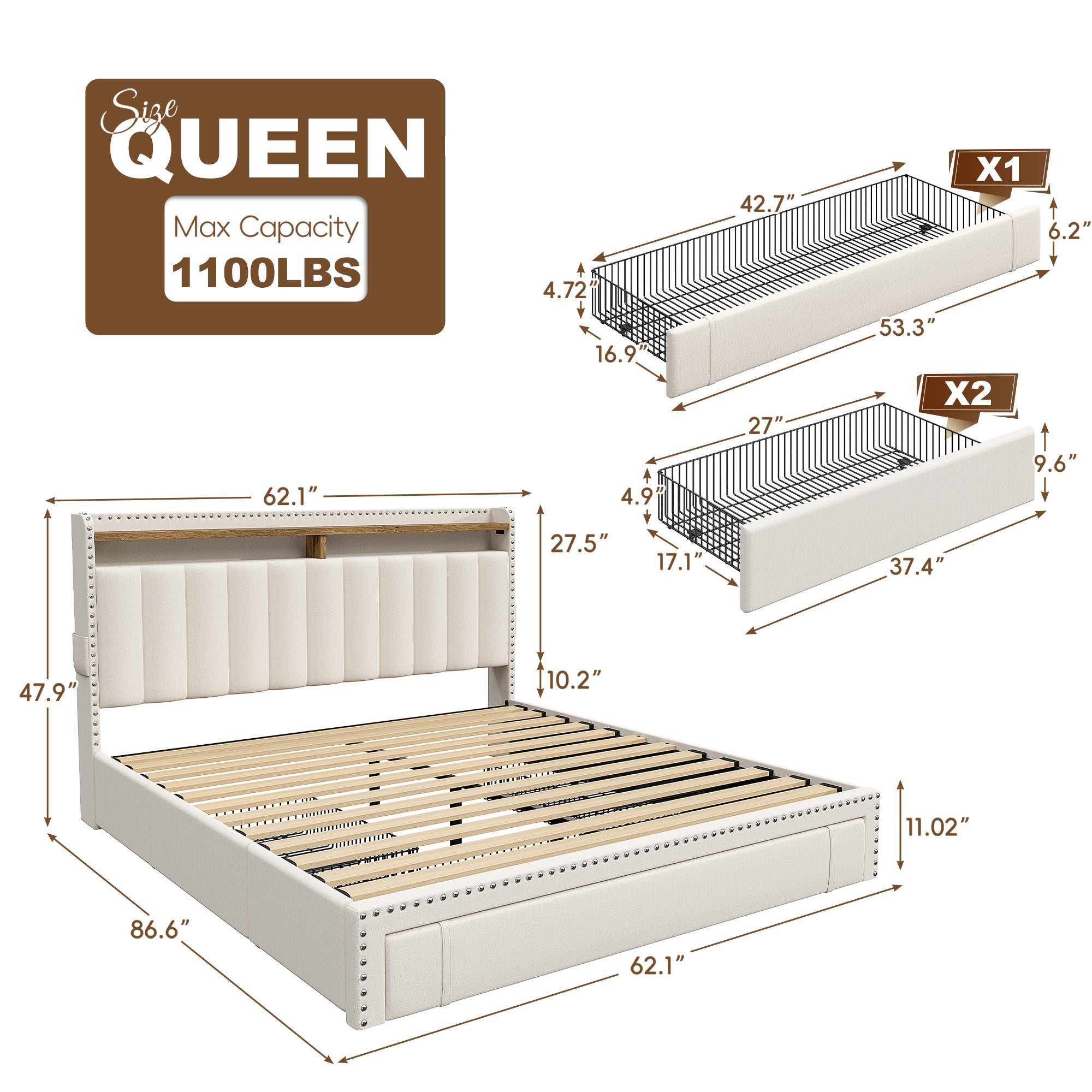 Snhomee Heavy Duty Platform Bed Frame with Storage Drawers - Silent 1200LB Capacity, No Box Spring Needed, Upholstered Headboard