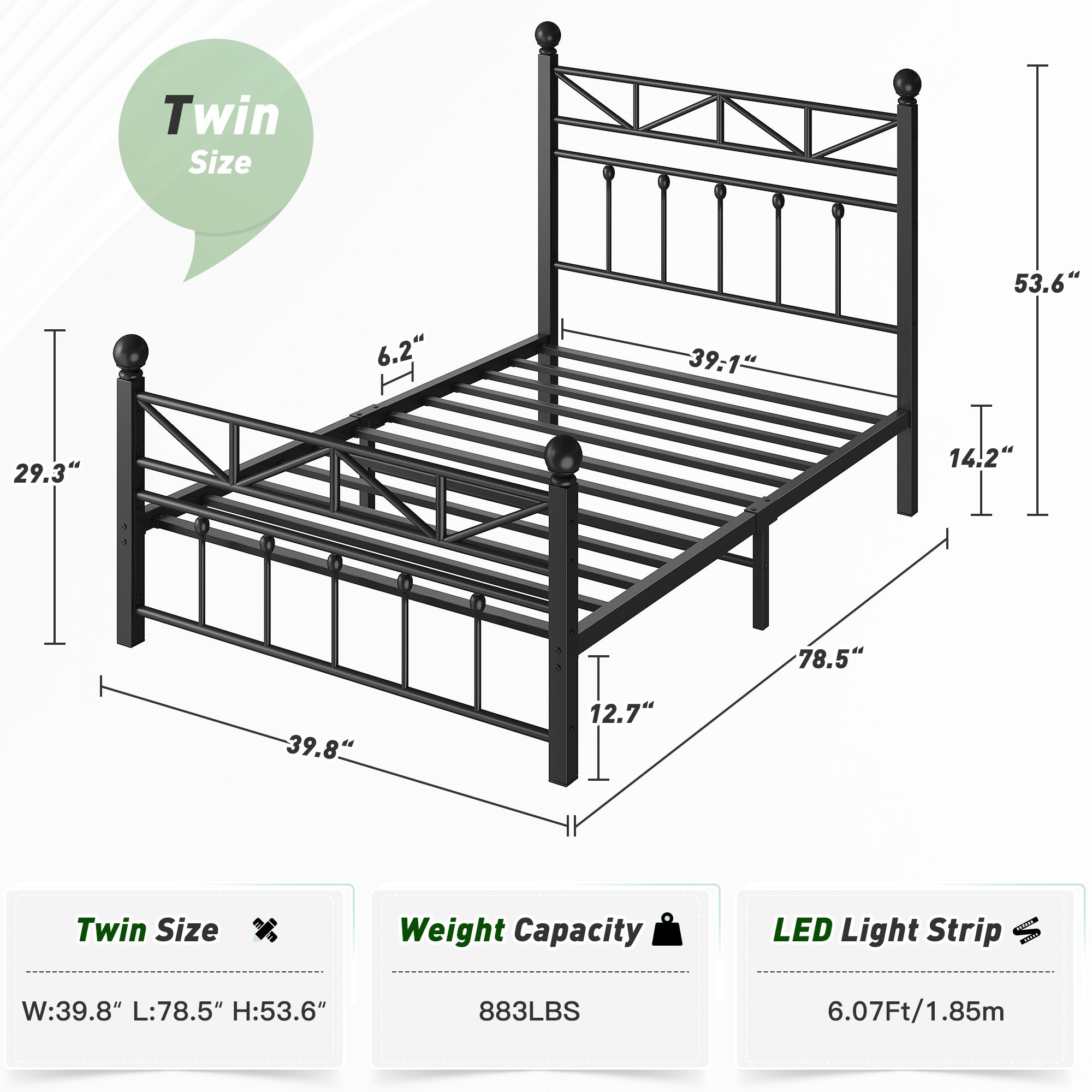 LED Metal Bed Frame with Tall Headboard & Footboard, Vintage Industrial Bed, Under Bed Storage & No Box Spring Needed, Noise-Free Design for Modern & Farmhouse Bedrooms