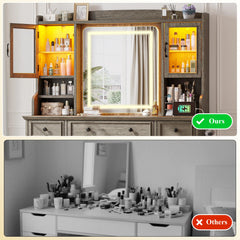Snhomee Farmhouse Makeup Vanity Desk with LED Mirror & RGB Cabinets – Storaging with Drawers & Shelves, Ideal for Organizing Seasonal Skincare in Bedroom or Dressing Room