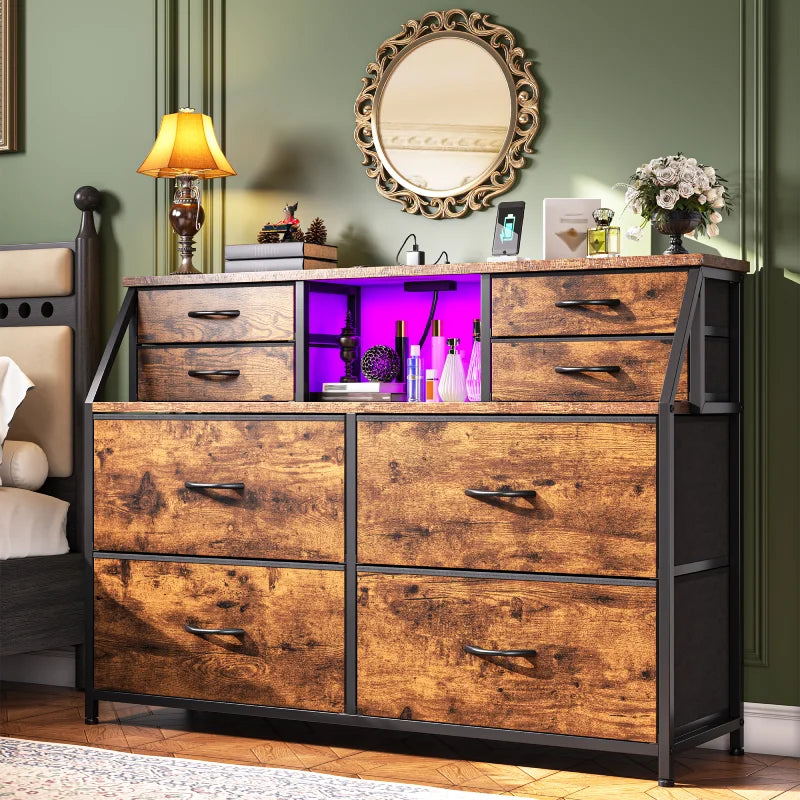 Snhomee 8-Drawer Dresser with LED Lights and Built-in Charging Station, Durable Storage Chest with Open Shelves for Bedroom, Living Room, or Hallway