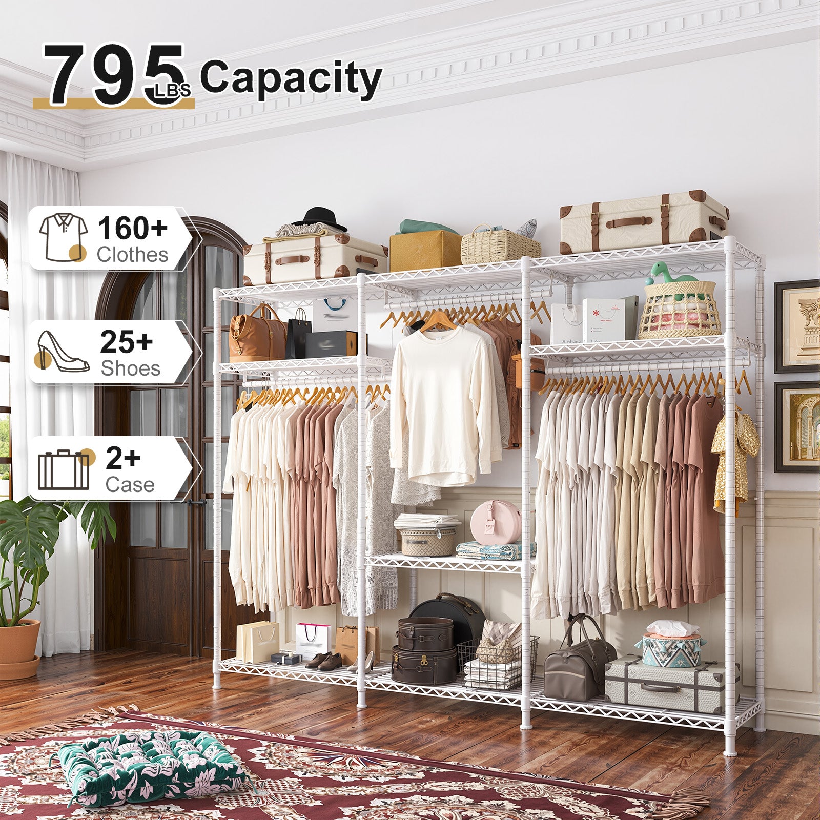 795lb Heavy Duty Clothing Rack - Portable Metal Garment Rack with Shelves, Commercial/Home Use-Home Storage > Clothes Rack-snhomee