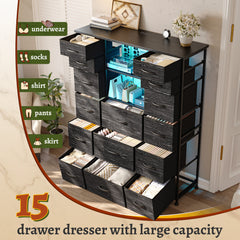 51" Tall Dresser with 15 Drawers & Charging Station | LED Lighting & Built-in Hutch | Steel Frame & Wood Top Bedroom Storage-Black-snhomee