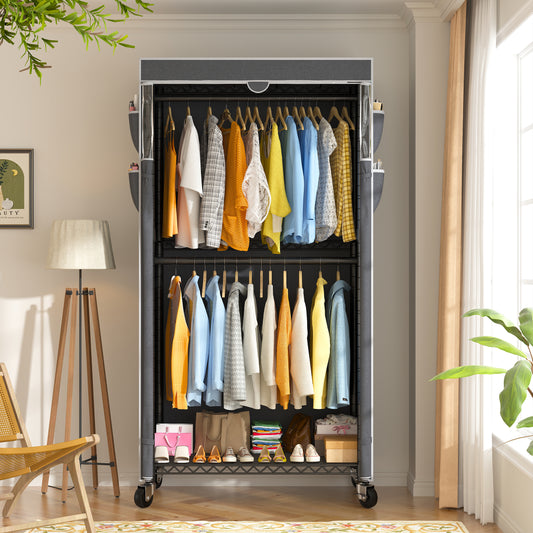 Heavy Duty Rolling Clothing Rack with Cover & Adjustable Height - Wheeled Garment Rack for Hanging Clothes, Portable Closet Organizer 35.5x15.7x79 Inches-Black-snhomee
