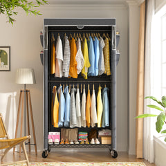 Heavy Duty Rolling Clothing Rack with Cover & Adjustable Height - Wheeled Garment Rack for Hanging Clothes, Portable Closet Organizer 35.5x15.7x79 Inches-Black-snhomee