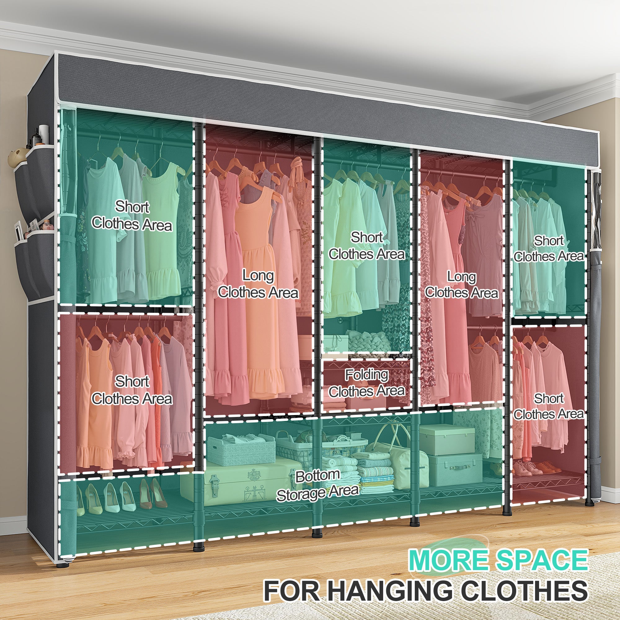 90.8 Inch Wide Commercial Clothing Rack - 1200 lb Heavy Duty Garment Rack with Zippered Dustproof Cover, Steel Frame Industrial Storage System for Retail/Warehouse/Home, Lockable Wheels & Anti-Tip Design-Home Storage > Clothes Rack-Black-snhomee