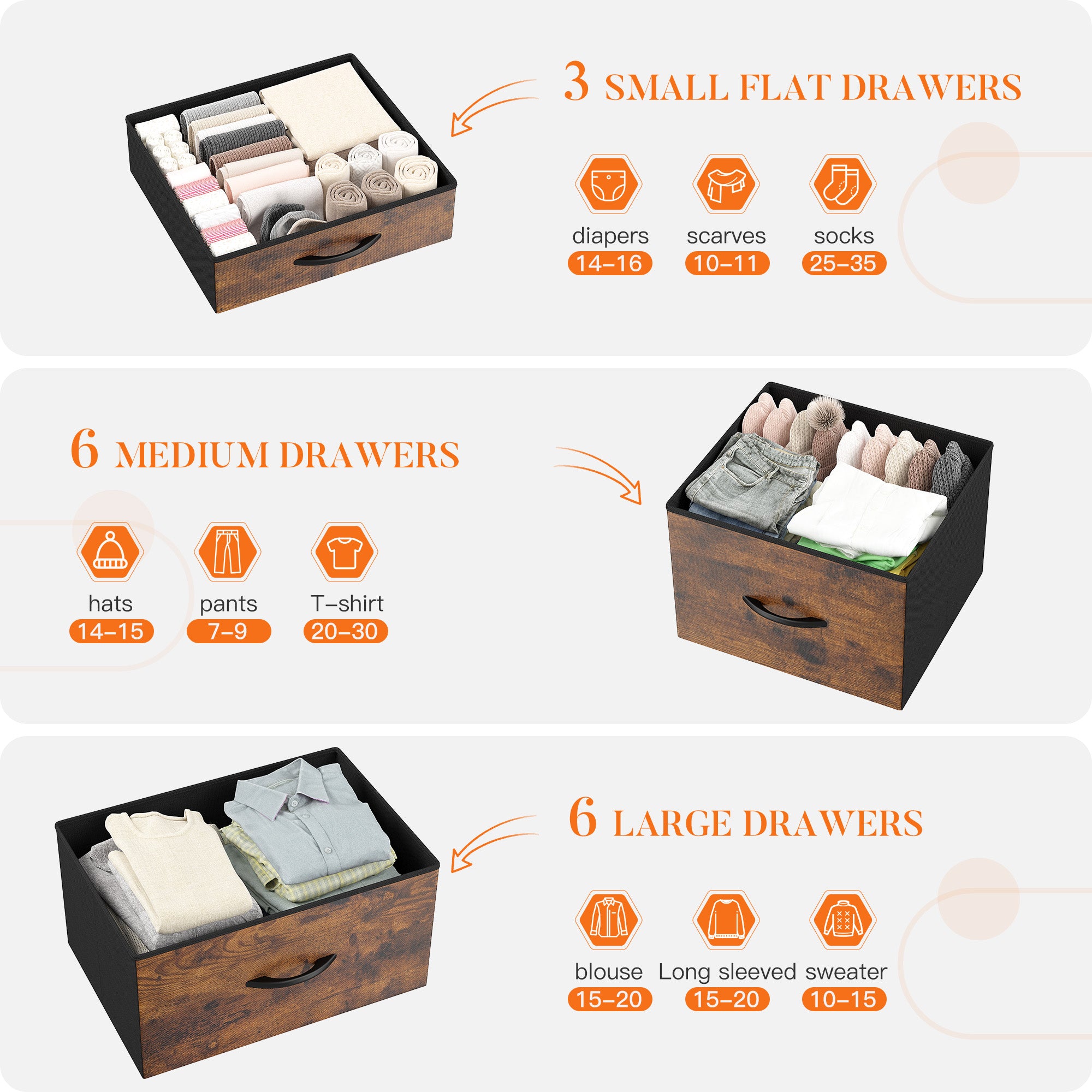 Dresser for Bedroom with 15 Drawers, Sturdy Metal Frame & Wood Top, Top Large Fabric Chest of Drawers, Closet, Livingroom-Furniture > Dresser-37.8"W x 11.8"D x 52.4"H-Black-snhomee