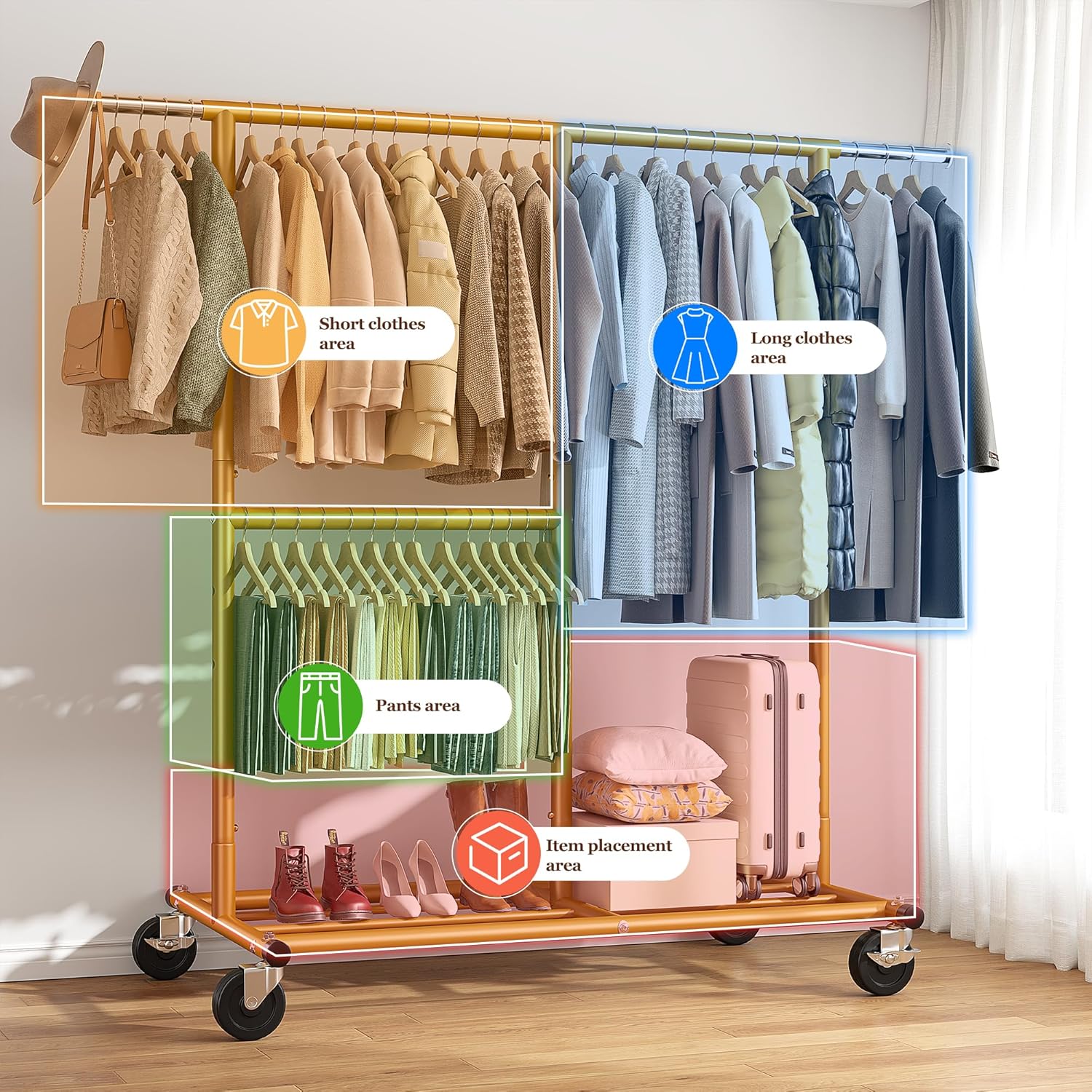 Snhomee Garment Rack with Wheels, Adjustable Height & Width, 298 lbs Heavy-Duty Clothes Rack for Hanging