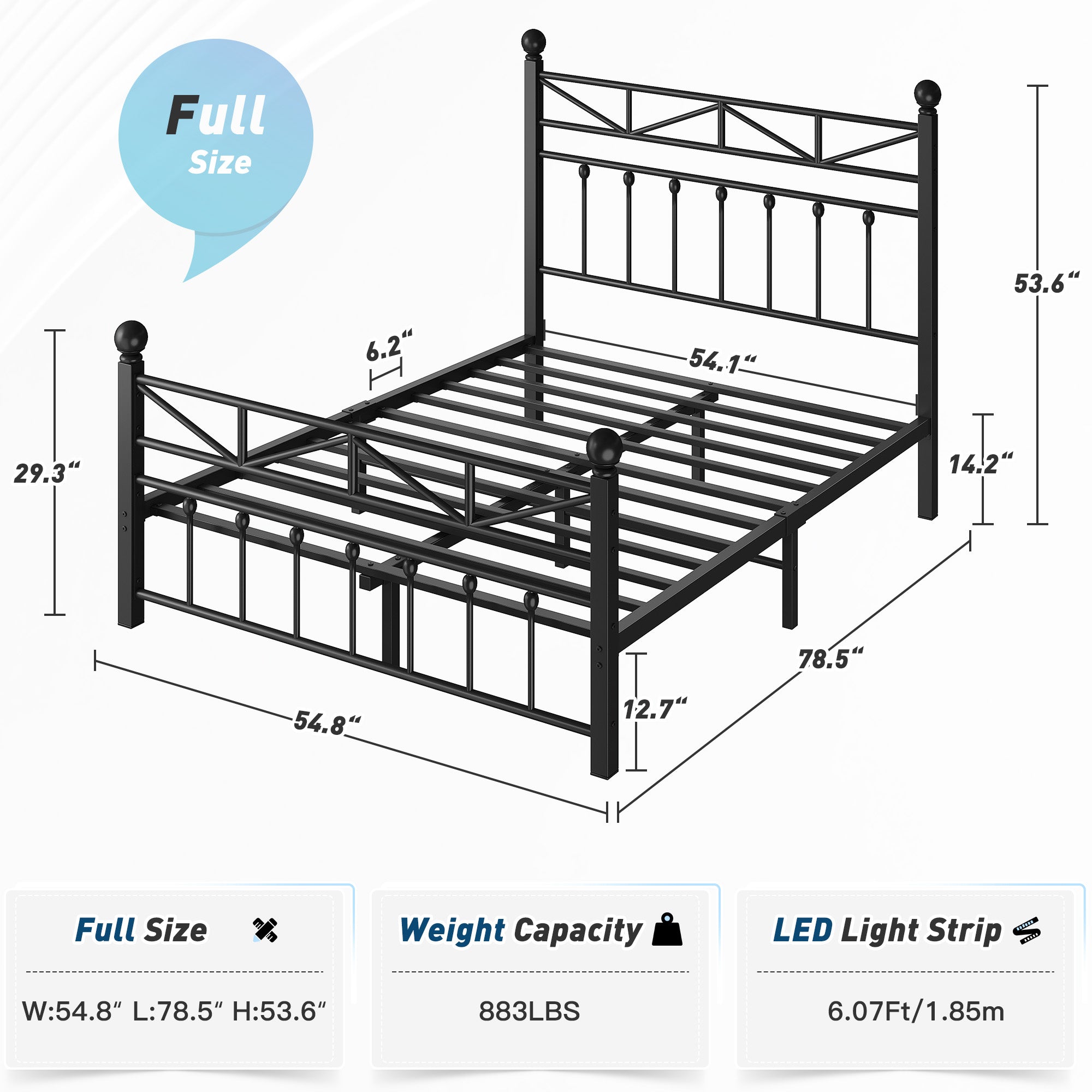 LED Metal Bed Frame with Tall Headboard & Footboard, Vintage Industrial Bed, Under Bed Storage & No Box Spring Needed, Noise-Free Design for Modern & Farmhouse Bedrooms