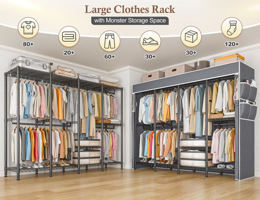 76" Heavy Duty Clothes Rack with Cover | 1150LBS Capacity Wardrobe Closet & 5 Hanging Rods | Space-Saver for 200+ Garments-Black-Clothes Rack with Cover-snhomee