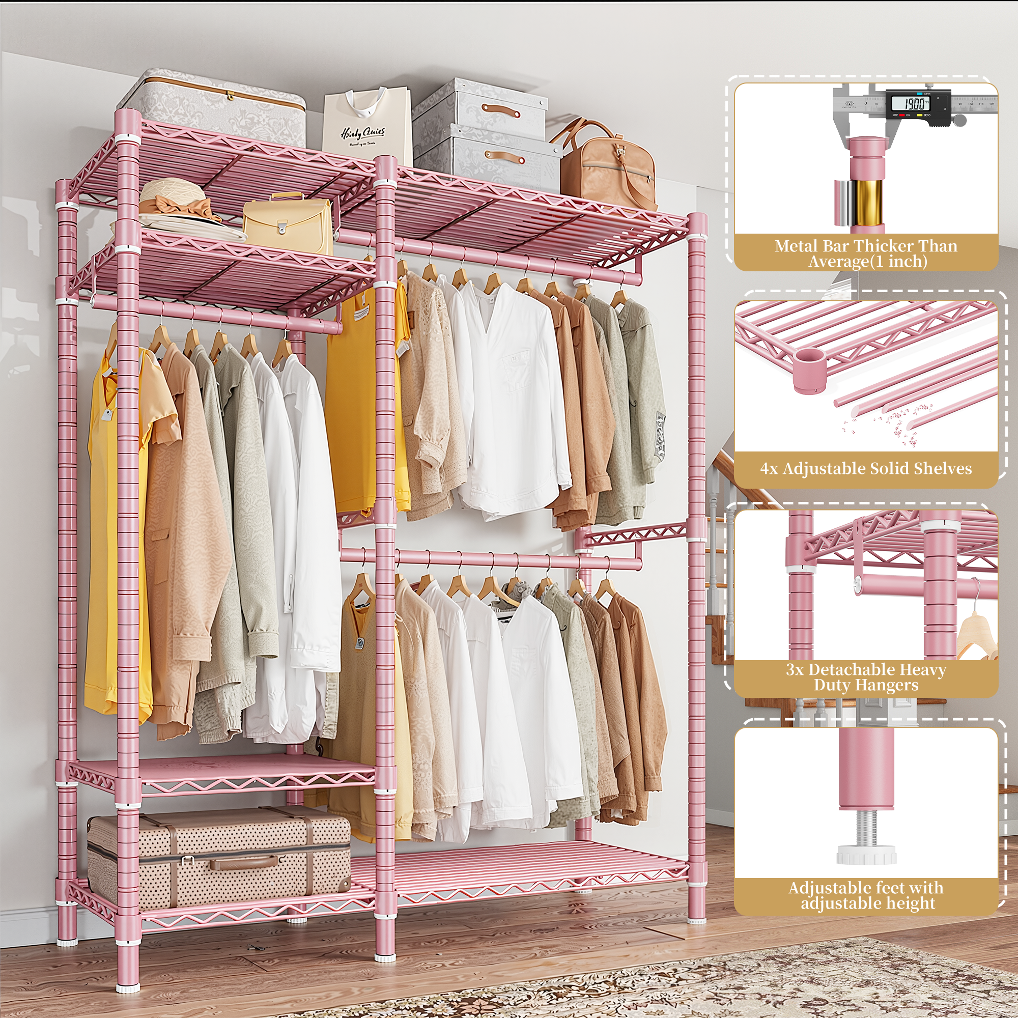 Snhomee 780lbs Heavy Duty Clothes Rack with Wheels, Freestanding Portable Closet, Rolling Garment Rack For Hanging-Home Storage > Clothes Rack-wheels-Black-snhomee