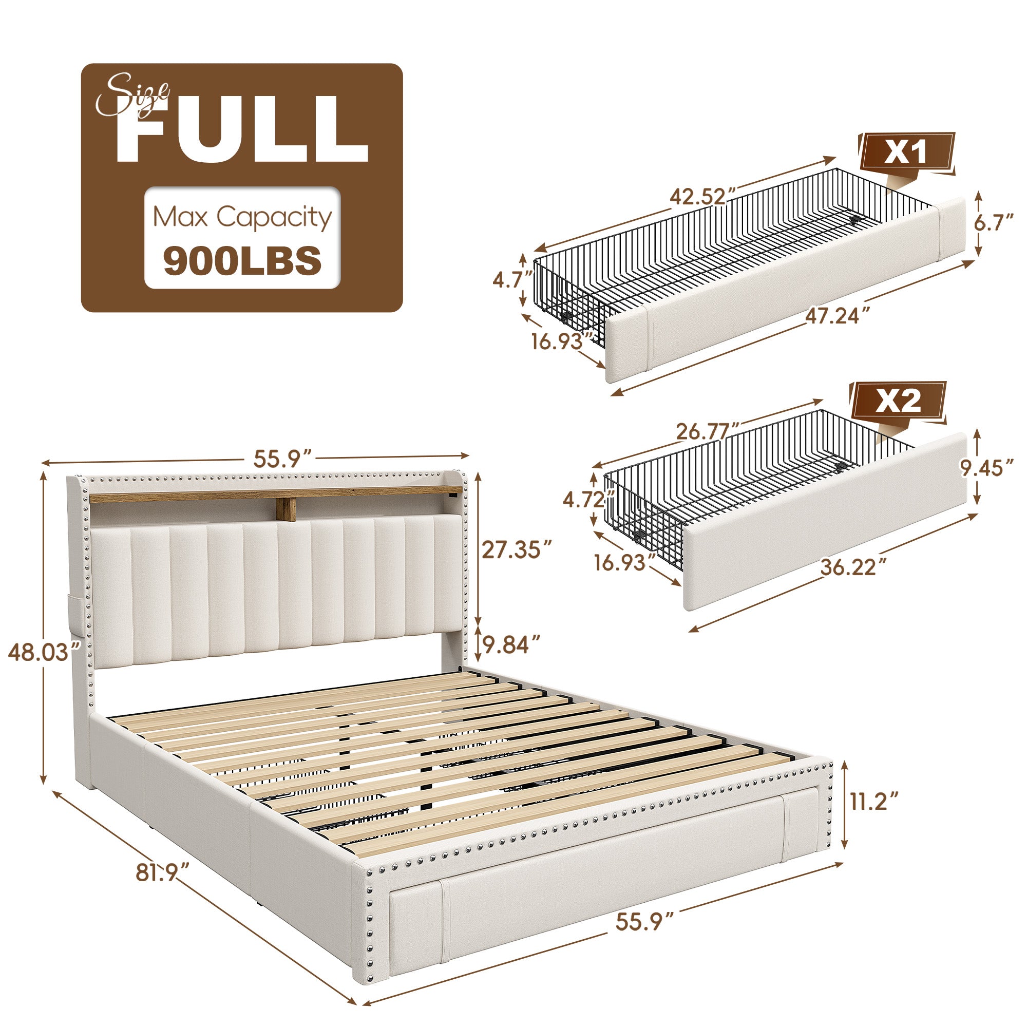 Snhomee Heavy Duty Platform Bed Frame with Storage Drawers - Silent 1200LB Capacity, No Box Spring Needed, Upholstered Headboard