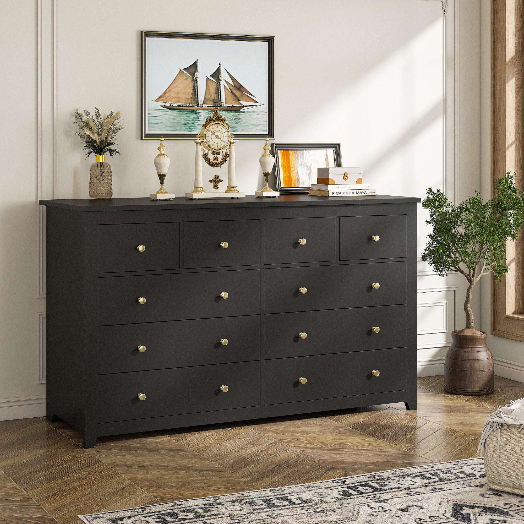 10 Drawers White Dresser 52" Wide Bedroom TV Stand Dresser for Hallway-Furniture > Dresser-Black-snhomee