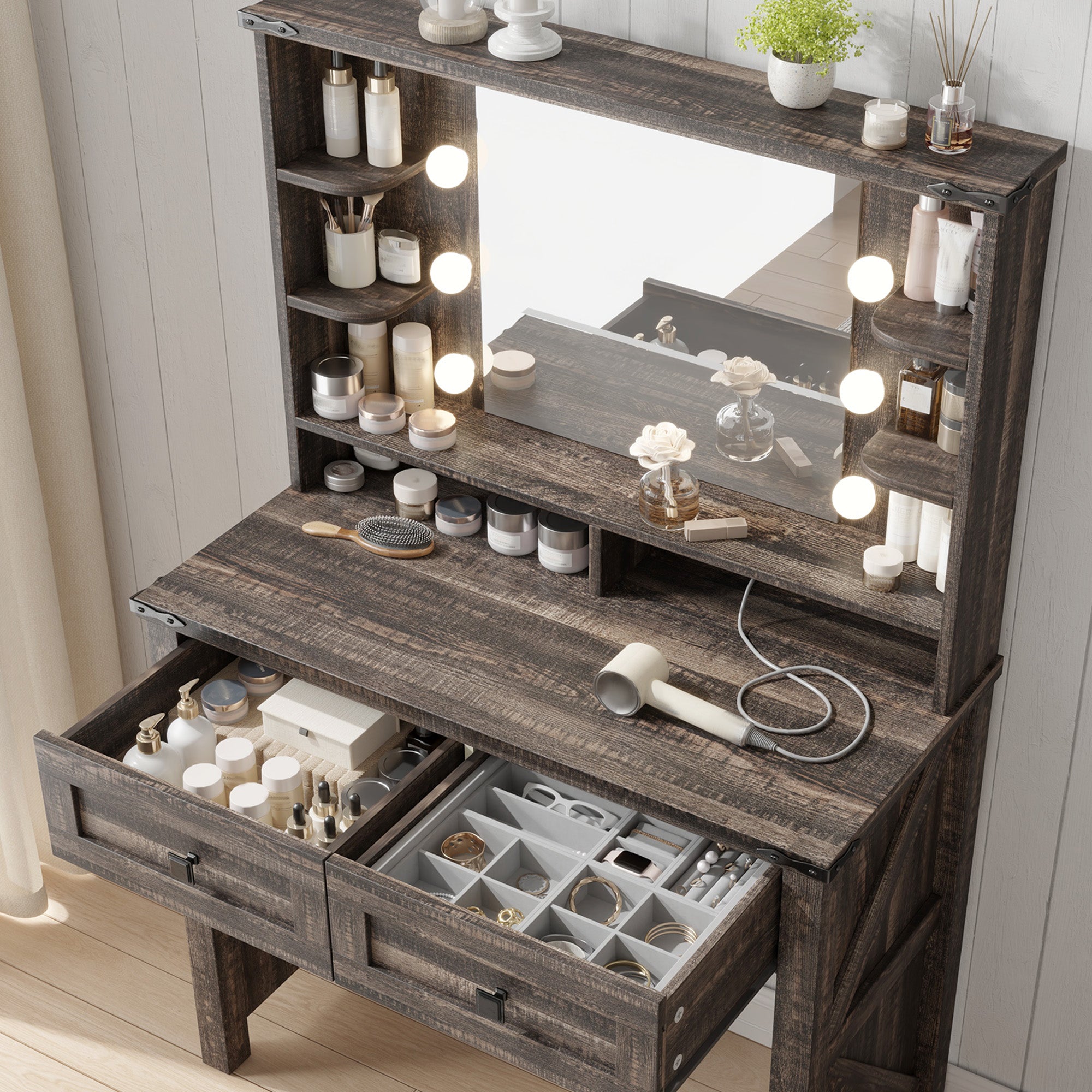 Farmhouse Makeup Vanity Desk with LED Mirror & Charging Station – 31.5" Wide, Adjustable 3-Color Lighting, 2 Storage Drawers & Shelves (Stool Not Included)