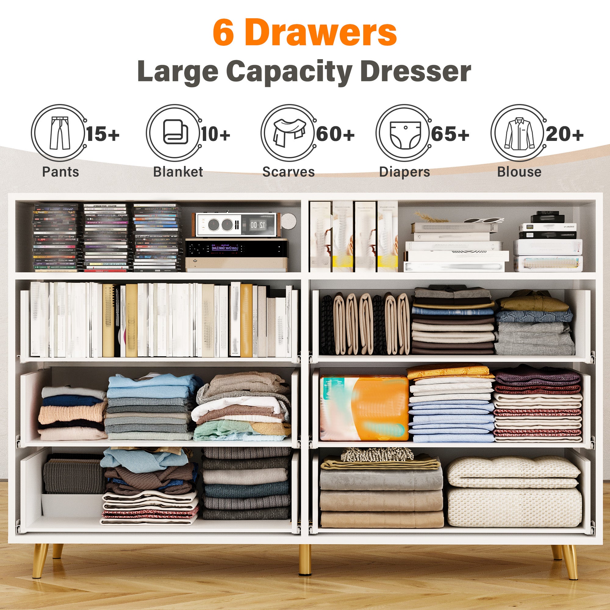 6 Drawers Dresser with LED Lights, Large TV Stand, 2 Open Shelves Top, 47"W Modern Chest with Anti-Tip Safety for Bedroom, Living Room & Small Spaces