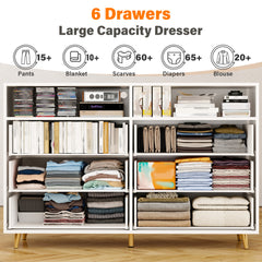 6 Drawers Dresser with LED Lights, Large TV Stand, 2 Open Shelves Top, 47"W Modern Chest with Anti-Tip Safety for Bedroom, Living Room & Small Spaces