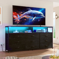 55"W Dresser TV Stand for 65" TVs | LED & Power Outlets | 9 Fabric Drawers & Wood Shelves | Bedroom/Living Room-Charcoal Black-snhomee