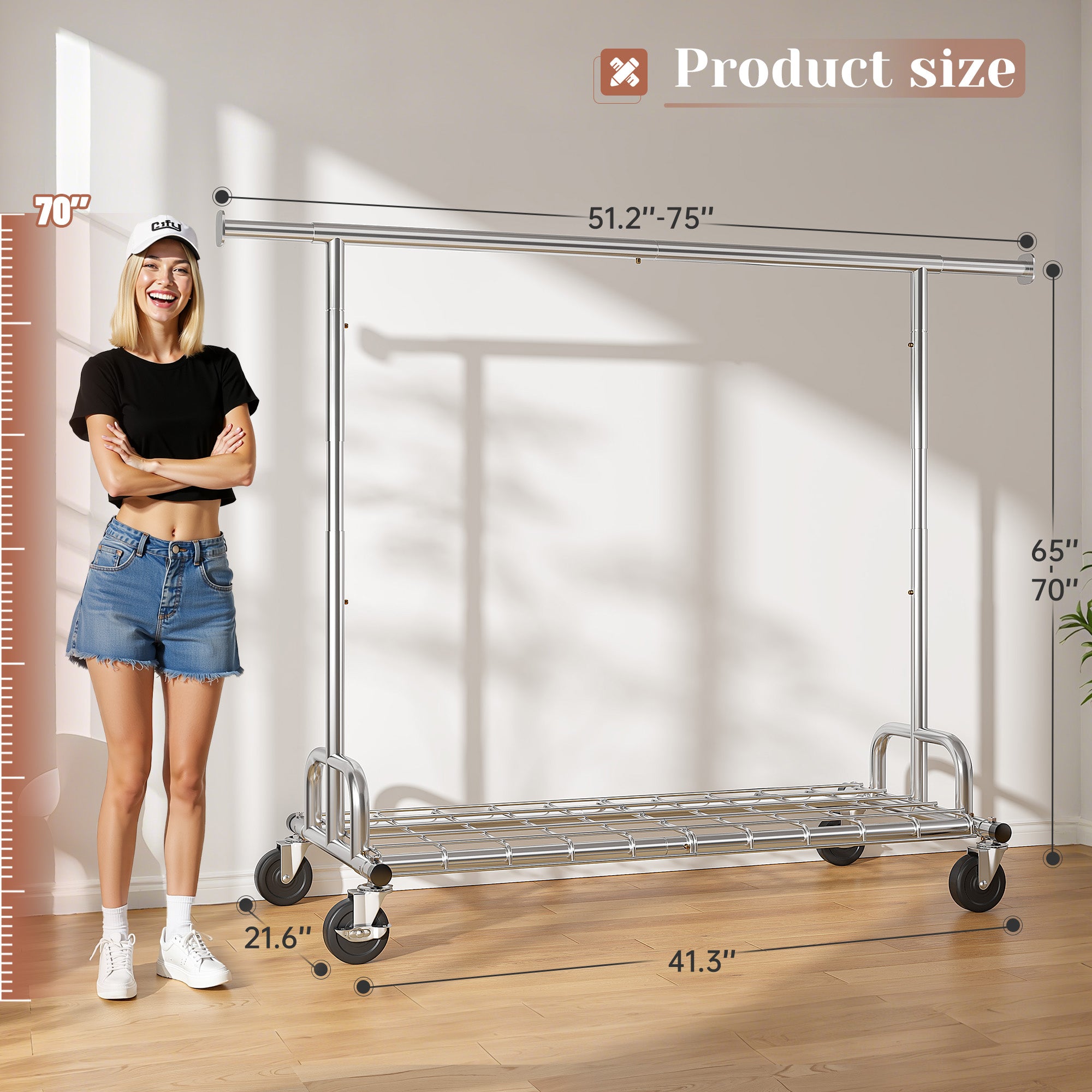 Snhomee 75"W 485LBS Clothes Rack, Metal Garment Rack With Wheels, Adjustable Rolling Clothing Rack, Portable Clothes Rack For Bedroom