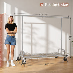 Snhomee 75"W 485LBS Clothes Rack, Metal Garment Rack With Wheels, Adjustable  Rolling Clothing Rack,  Portable Clothes Rack For Bedroom