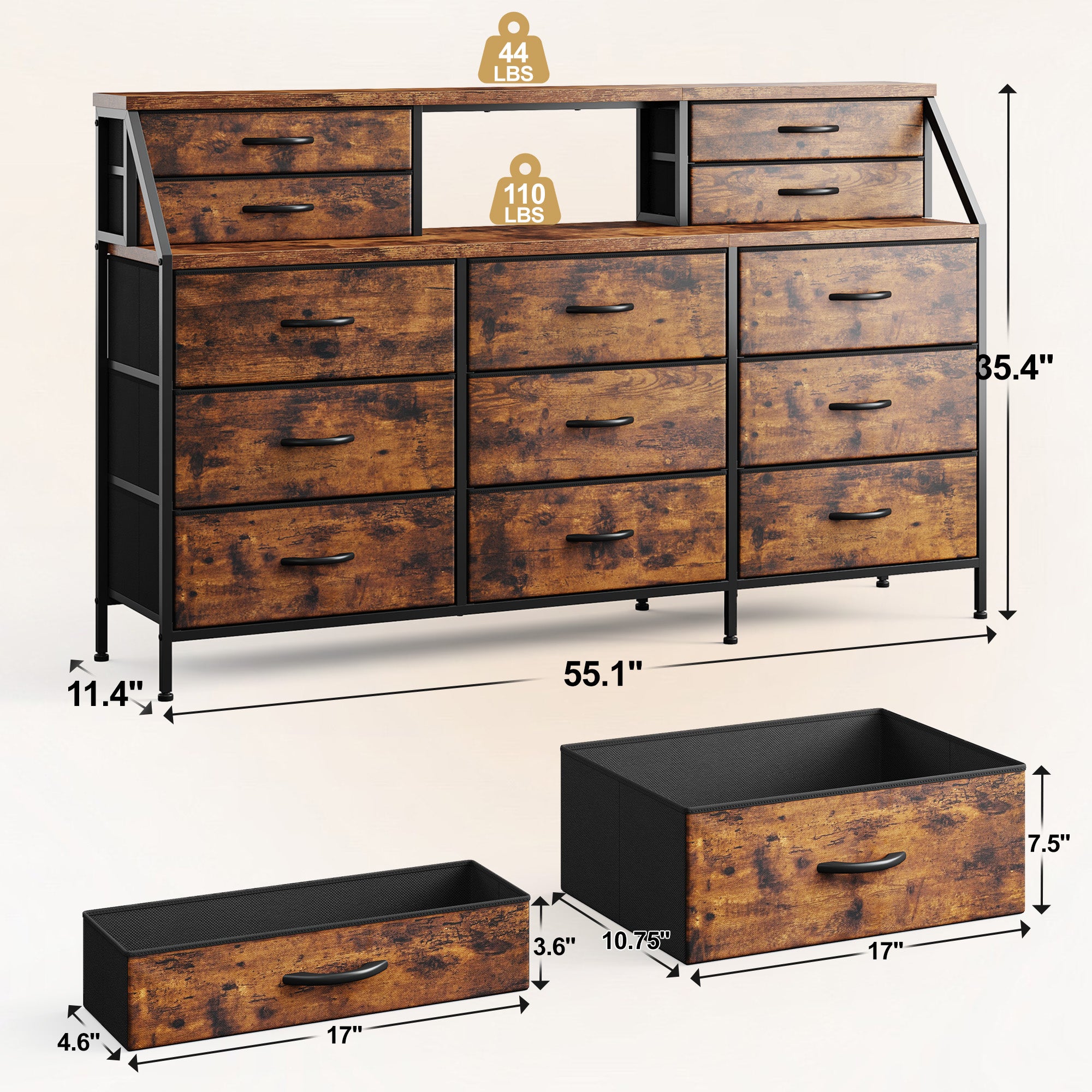Girls Dresser Organizer: 55"W Dresser with 13 Fabric Drawers and 2 Open Shelves, Metal Frame & Wooden Top for Bedroom/Closet