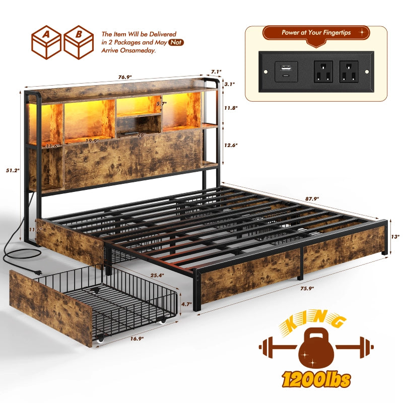 Snhomee Storage Bed Frame with LED Headboard & USB Charging, Platform Bed with 4 Storage Drawer, 1200lbs Capacity, Noiseless Metal Frame