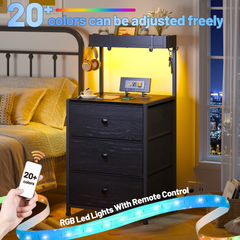 ‌Tall LED Nightstand with Charging Station & 3-Drawer Shelves | Bedside Table with USB/AC Outlets & 4 Hooks-Black-snhomee