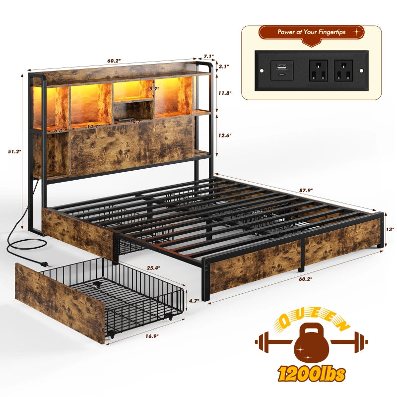 Snhomee Storage Bed Frame with LED Headboard & USB Charging, Platform Bed with 4 Storage Drawer, 1200lbs Capacity, Noiseless Metal Frame