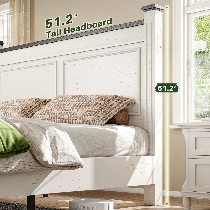 Snhomee Bed Frame with 51.25" H Headboard and Storage Drawers, Modern Bed Frame with Storage ,NO Noise, No Box Spring Needed, White