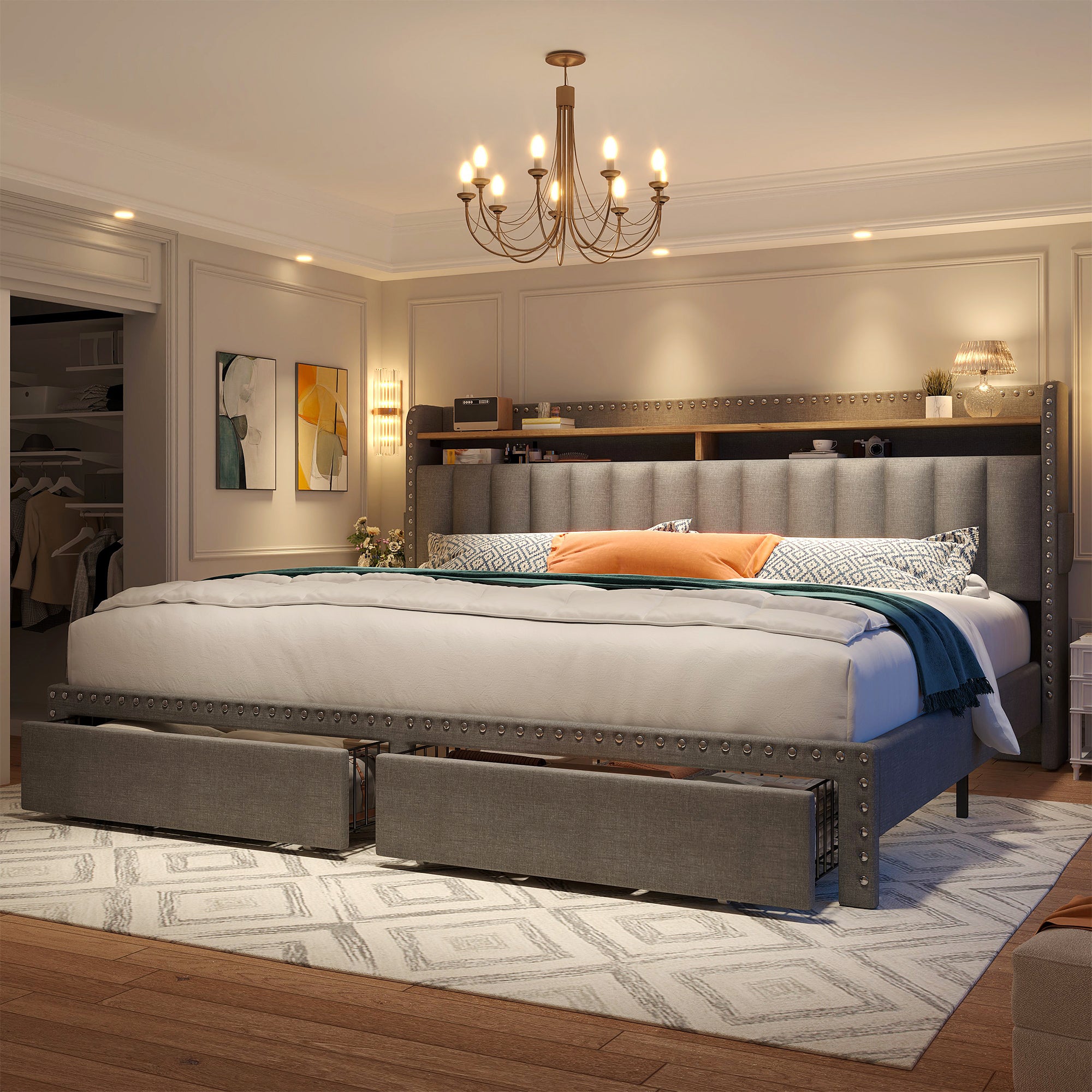 Metal Bed Frame with 2 Storage Drawers & Headboard - 900LBS Capacity, No Noise Design, Padded Platform, No Box Spring Needed, Back to School Beds On Sale