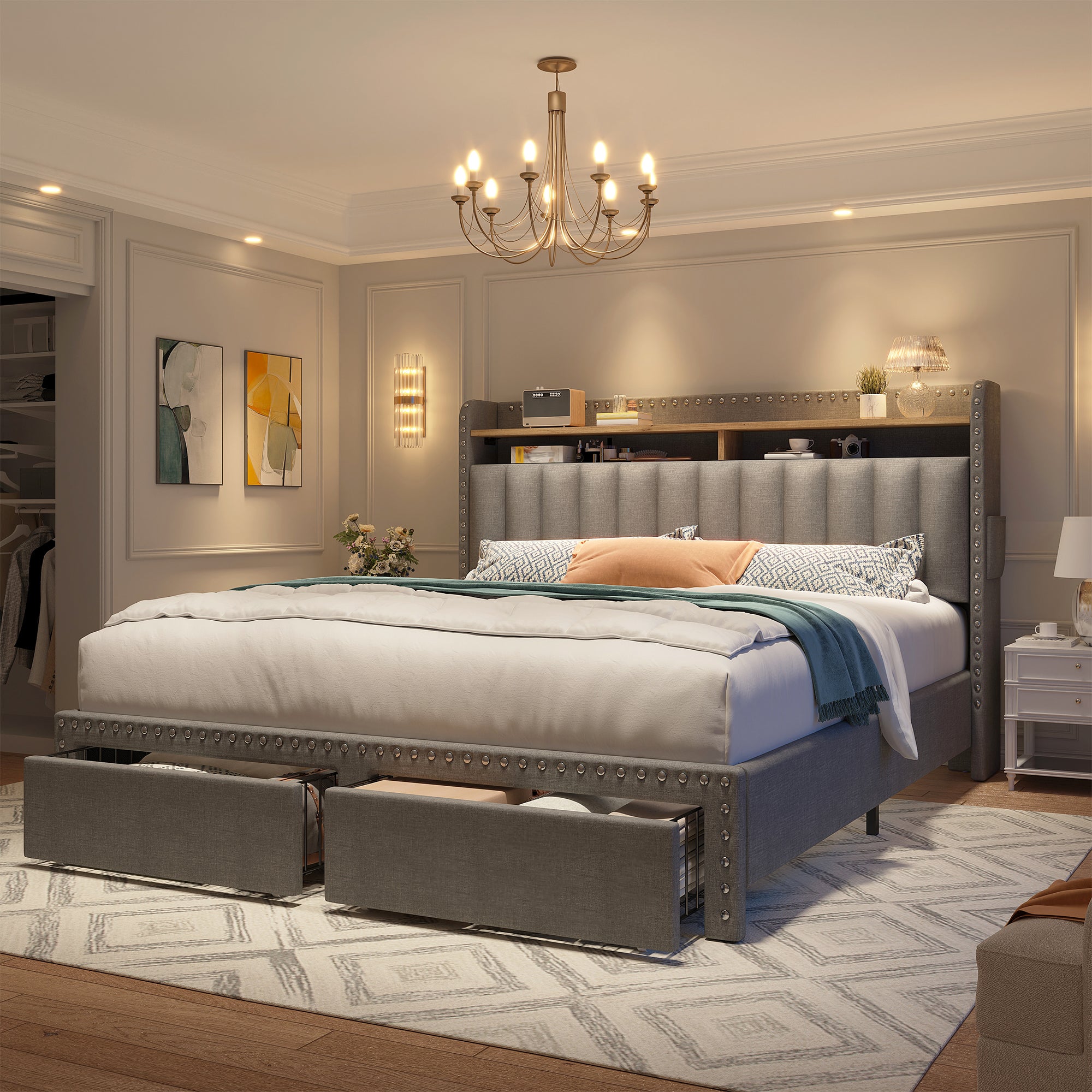 Metal Bed Frame with 2 Storage Drawers & Headboard - 900LBS Capacity, No Noise Design, Padded Platform, No Box Spring Needed, Back to School Beds On Sale