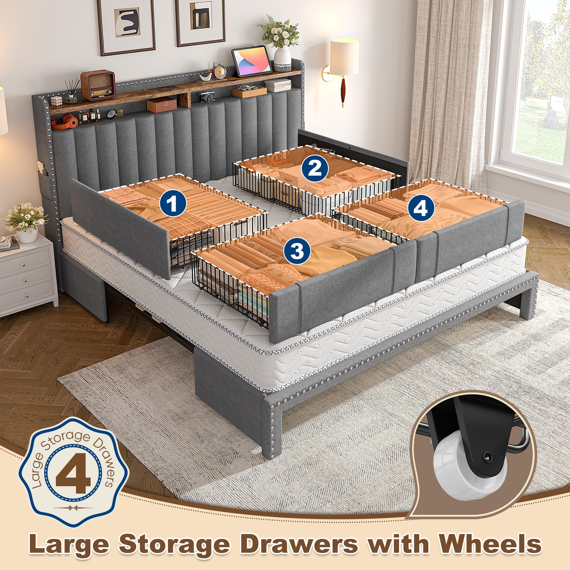 Snhomee Heavy Duty Platform Bed Frame with Storage Drawers - Silent 1200LB Capacity, No Box Spring Needed, Upholstered Headboard