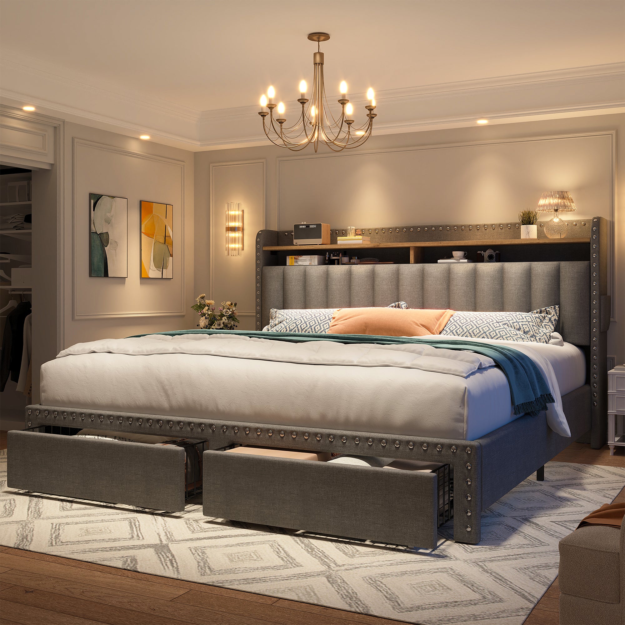 Metal Bed Frame with 2 Storage Drawers & Headboard - 900LBS Capacity, No Noise Design, Padded Platform, No Box Spring Needed, Back to School Beds On Sale