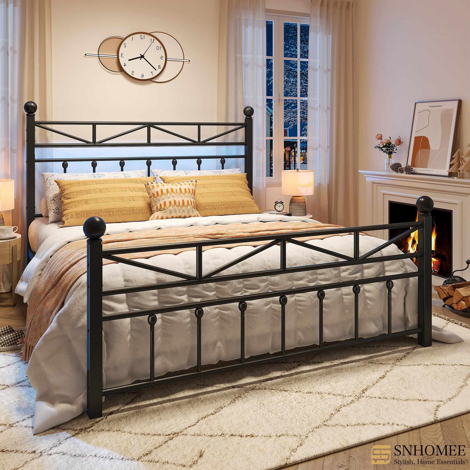 54" Queen Size Metal Bed Frame with LED Lights | Headboard & Footboard | Under Bed Storage & Noise-Free Design-Queen-Black-snhomee