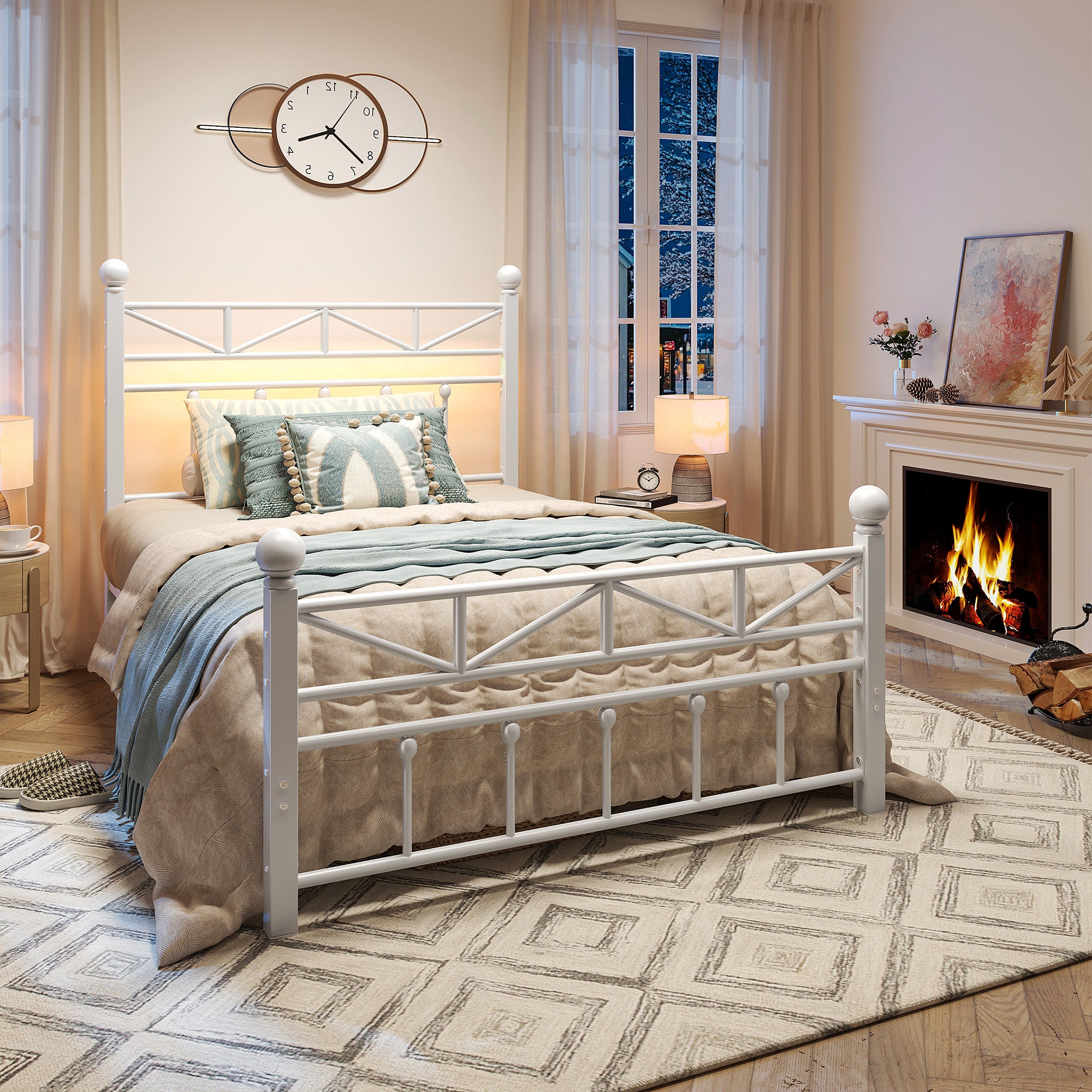 LED Metal Bed Frame with Tall Headboard & Footboard, Vintage Industrial Bed, Under Bed Storage & No Box Spring Needed, Noise-Free Design for Modern & Farmhouse Bedrooms