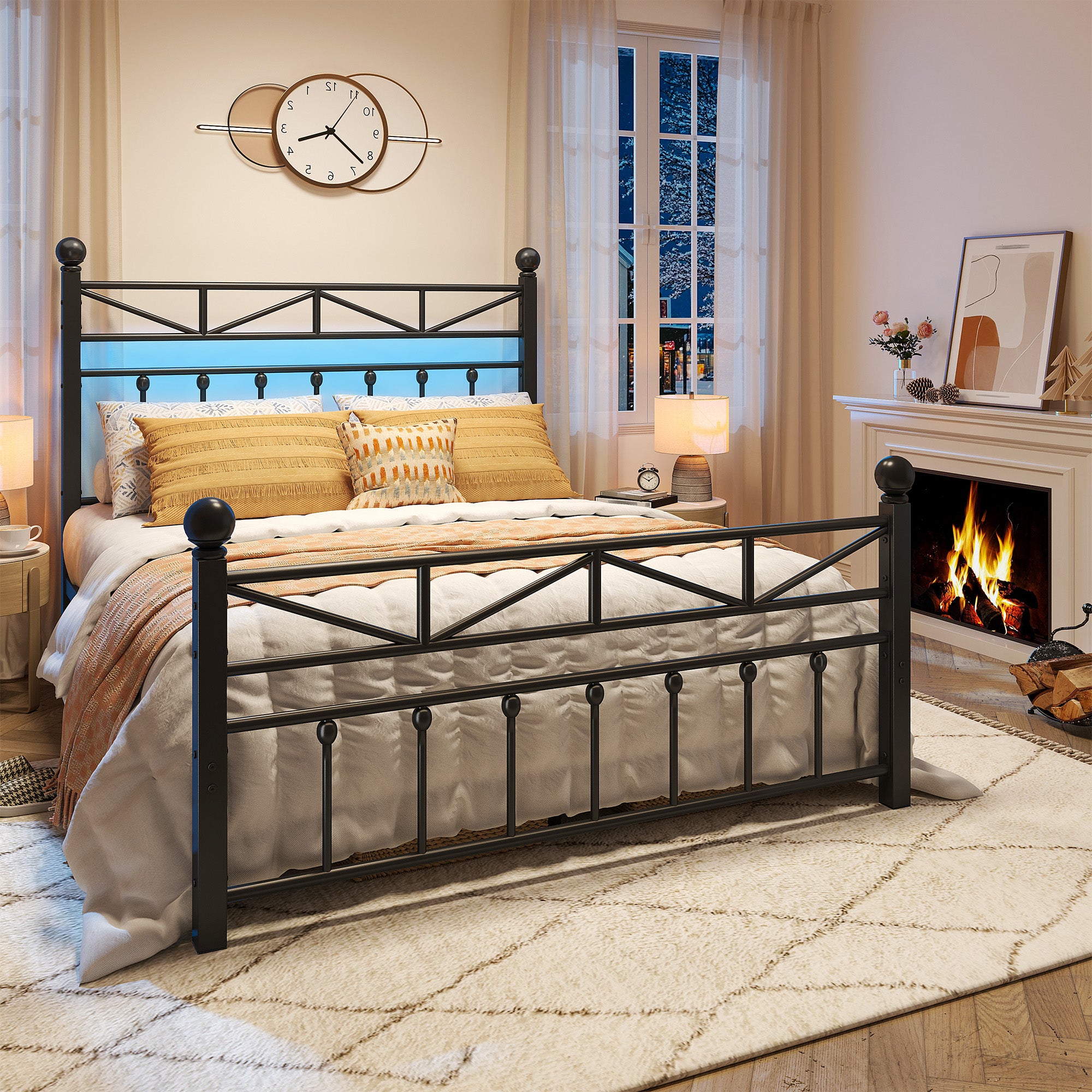 LED Metal Bed Frame with Tall Headboard & Footboard, Vintage Industrial Bed, Under Bed Storage & No Box Spring Needed, Noise-Free Design for Modern & Farmhouse Bedrooms
