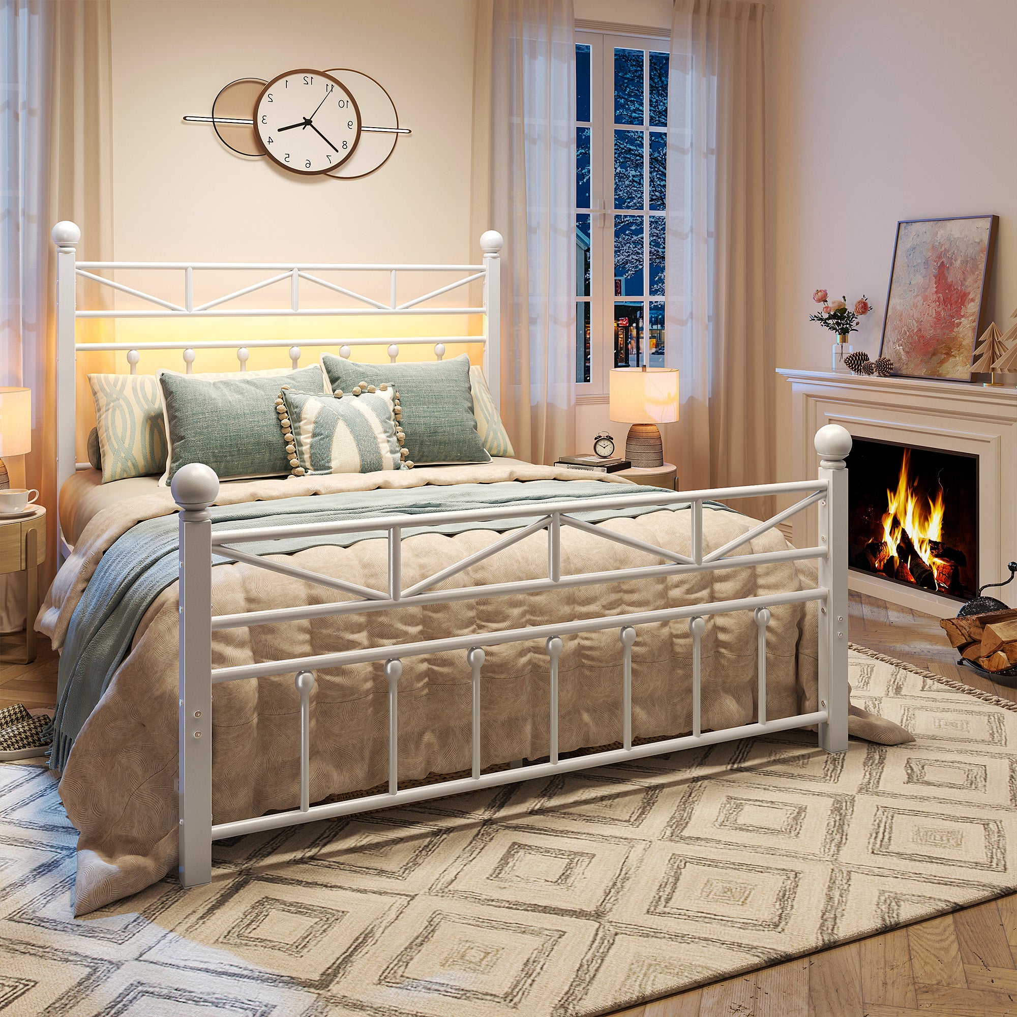 LED Metal Bed Frame with Tall Headboard & Footboard, Vintage Industrial Bed, Under Bed Storage & No Box Spring Needed, Noise-Free Design for Modern & Farmhouse Bedrooms