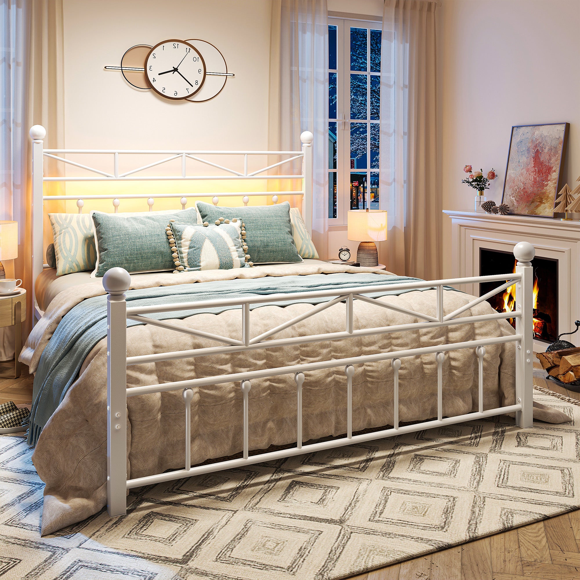 LED Metal Bed Frame with Tall Headboard & Footboard, Vintage Industrial Bed, Under Bed Storage & No Box Spring Needed, Noise-Free Design for Modern & Farmhouse Bedrooms