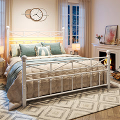 LED Metal Bed Frame with Tall Headboard & Footboard, Vintage Industrial Bed, Under Bed Storage & No Box Spring Needed, Noise-Free Design for Modern & Farmhouse Bedrooms