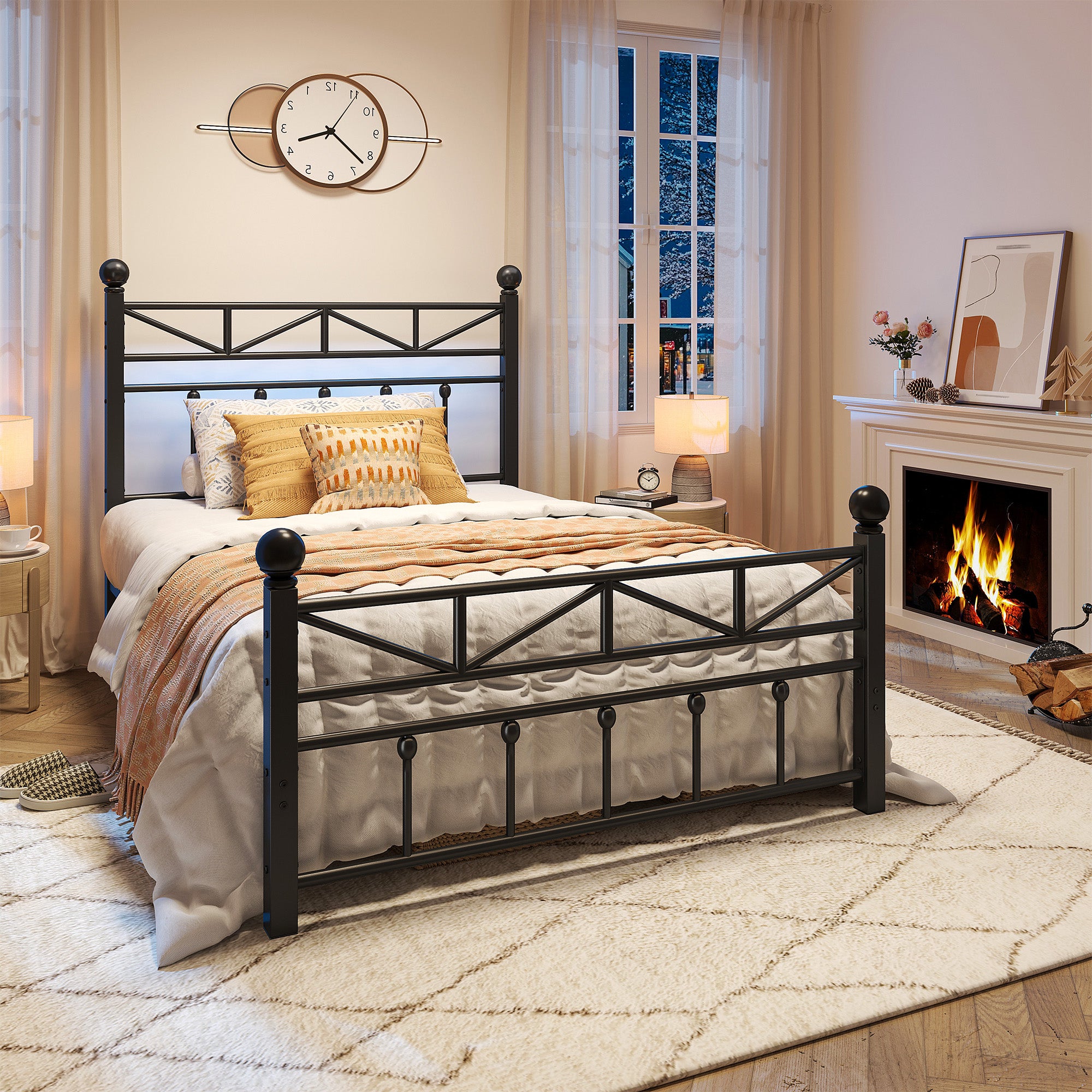 LED Metal Bed Frame with Tall Headboard & Footboard, Vintage Industrial Bed, Under Bed Storage & No Box Spring Needed, Noise-Free Design for Modern & Farmhouse Bedrooms