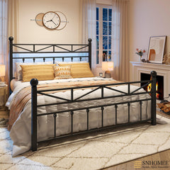 54" Queen Size Metal Bed Frame with LED Lights | Headboard & Footboard | Under Bed Storage & Noise-Free Design-Queen-Black-snhomee