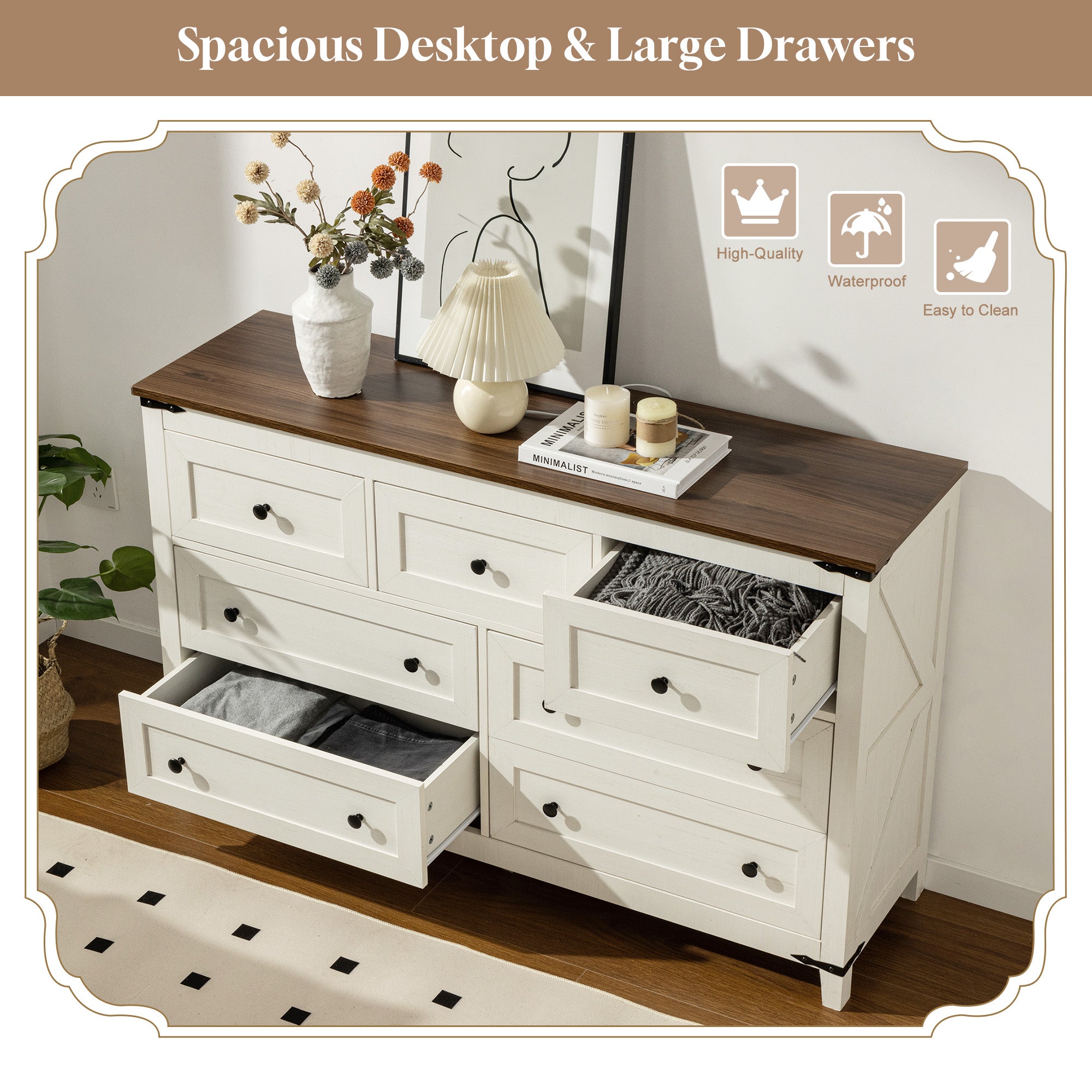 Antique White 7-Drawer Dresser & TV Stand with Metal Glide - 51" Wide Multi-Room Storage-Antique White-snhomee